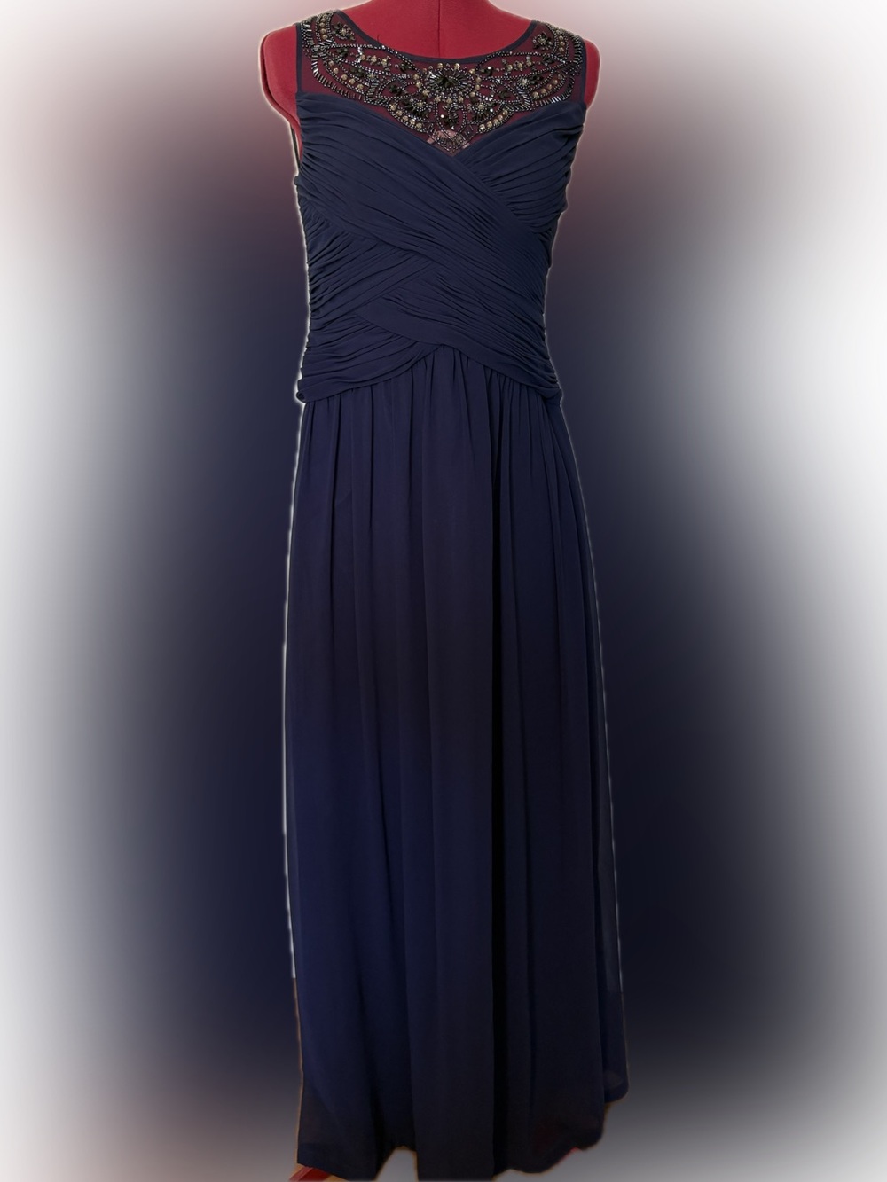 Le Chateau Navy Blue Ruched Chiffon Maxi Dress Beaded Illusion Neck 8